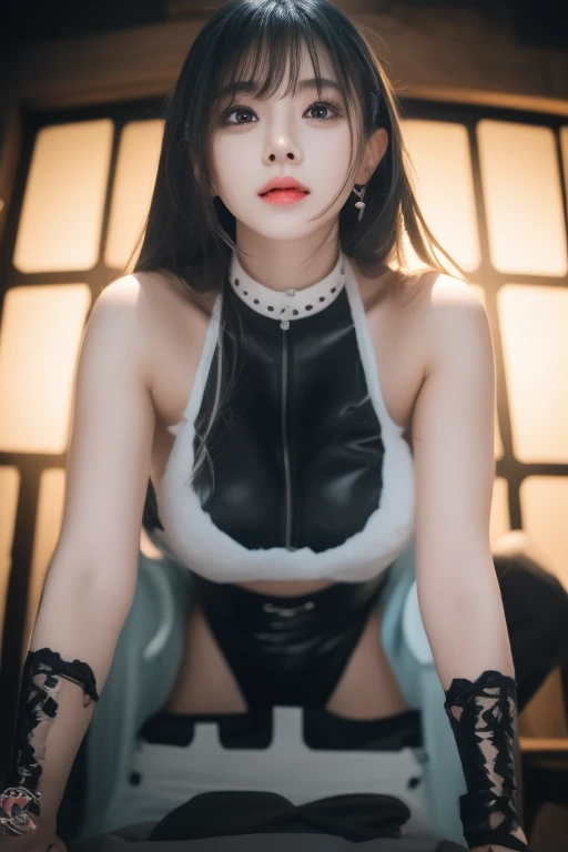 (1 fragile Korean beauty with big eyes,lips rosy and bright,Long eyelashes,Eyes with black pupils:1.3) ,(There is a big necklace hanging around my neck:1.6),(leather earrings:1.3 )、 (pleading eyes:1.9),(Chu Chu pitiful,frown:1.8)(color shy,frown,Red face:1.0) (Deep sadness、sorrow、Looked up,open mouth :1.7 ) (Close your eyes:0.6)(Red lips open:1.7) (masterpiece,original photo,best quality,detail:1.2),High-granularity CG integration 8k, Full body length photos:1.2 , Oval face. (Toothless)
(Show side breasts,round chest,Soft breasts,Breasts are elastic,Shiny Breasts,Breasts are slightly sagging,Slightly larger breast size:1.2) (Wearing a black sexy leather tights all over the body,Show cleavage,Black underwear,Sexy waist:1.0). (Tights torn:1.7)(Cross your hands together:0)
(flaxen white hair:1.0 )
Open your legs facing the camera:1.6. Slim body:1.2
(No bangs on forehead,forehead exposed,Black Hair:1.1) (Sweat) (sitting:1.3). (Show both armpits:1.5)