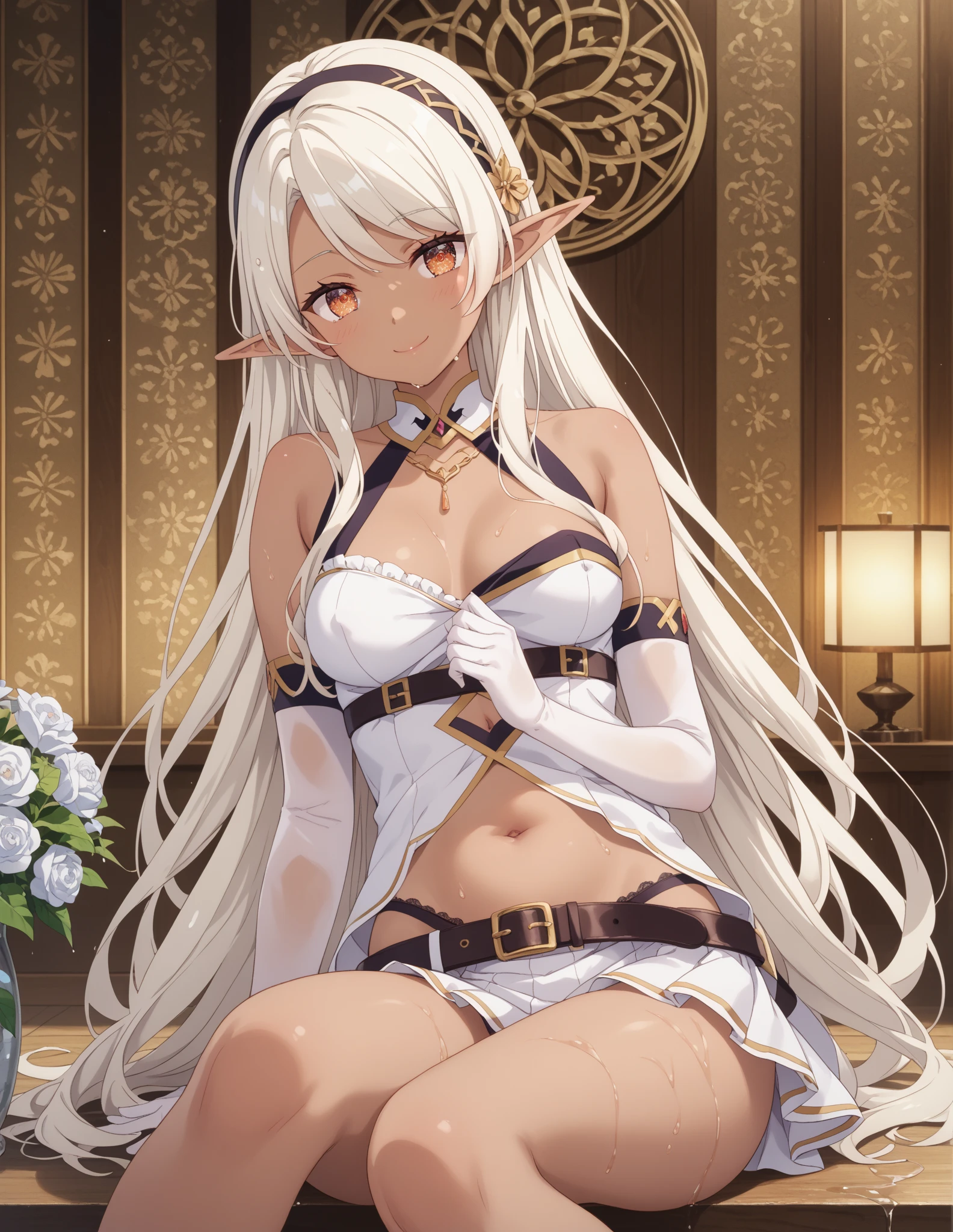 (((loli))),A lovely and beautiful female knight,long white hair,Sexy and elegant,Magnificent Library,Mage Robes,Exquisite clothing,(robe slit),(black garters),Elf,(boots),cleavage,(The chest is super small))),(((super small breasts))),(Close-up photo),flat chest,(),Magic circle halo above head,belly button
