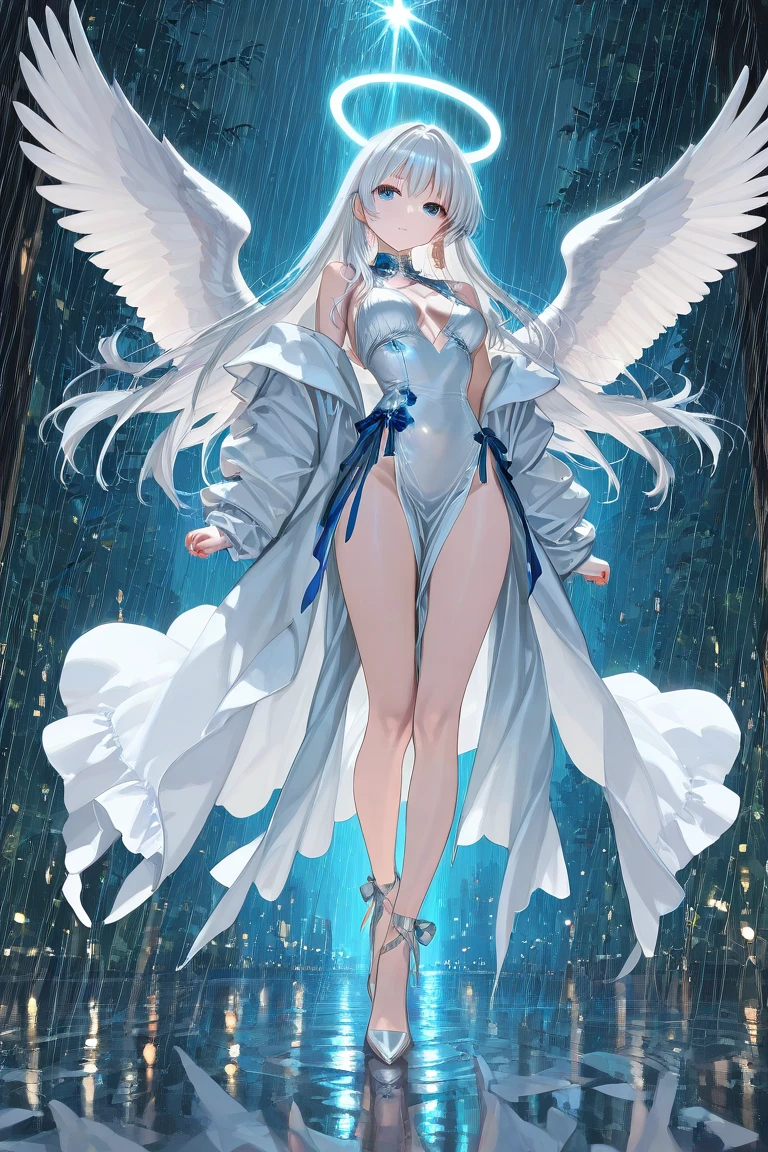 Aerial View,giant girl 50,000 feet high,Weight 1000kg,Has a pair of huge white angel wings,With huge devil horns on his head,A white crown on the head,Wearing white earrings,She has long white hair that reaches the floor.,loose hair,White wavy long curly hair,Wearing a pair of white Mary Jane shoes,White lace gloves,White lace pantyhose,Pantyhose with bow and star decorations,白色蕾丝whole body,Standing upright on a small city,Beautiful appearance,Exquisite makeup,quality,8k,高quality,Perfect proportion, Cinema lighting,film grain,Fuji colors,8k,textured skin,Super details,high detail,high resolution,fake smile,blood stains,脚底有blood stains,whole body,Obese,feather