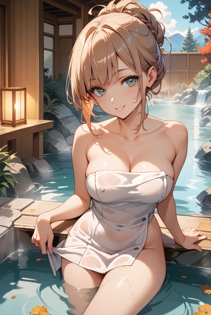 High quality, 1girl, breasts, medium breasts, looking at viewer, solo, onsen, cleavage, wet, naked, sitting, water, blush, parted lips, smile, fingering, hands on crotch, collarbone, thighs, sunlight, bathing, outdoors, rock, partially submerged,