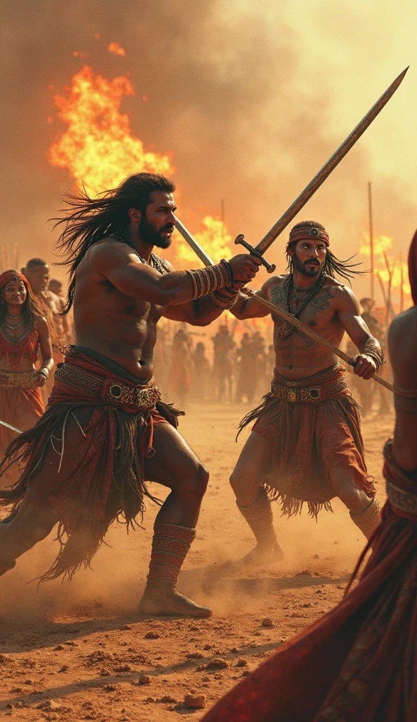 The Ulgulan (Great Rebellion)**
- A dynamic scene of the Ulgulan, the great rebellion led by Birsa Munda. Tribal warriors with traditional weapons are shown charging against the British forces. Birsa, at the forefront, is leading them with fierce determination. The background shows a chaotic battle scene with the British struggling to hold their ground.