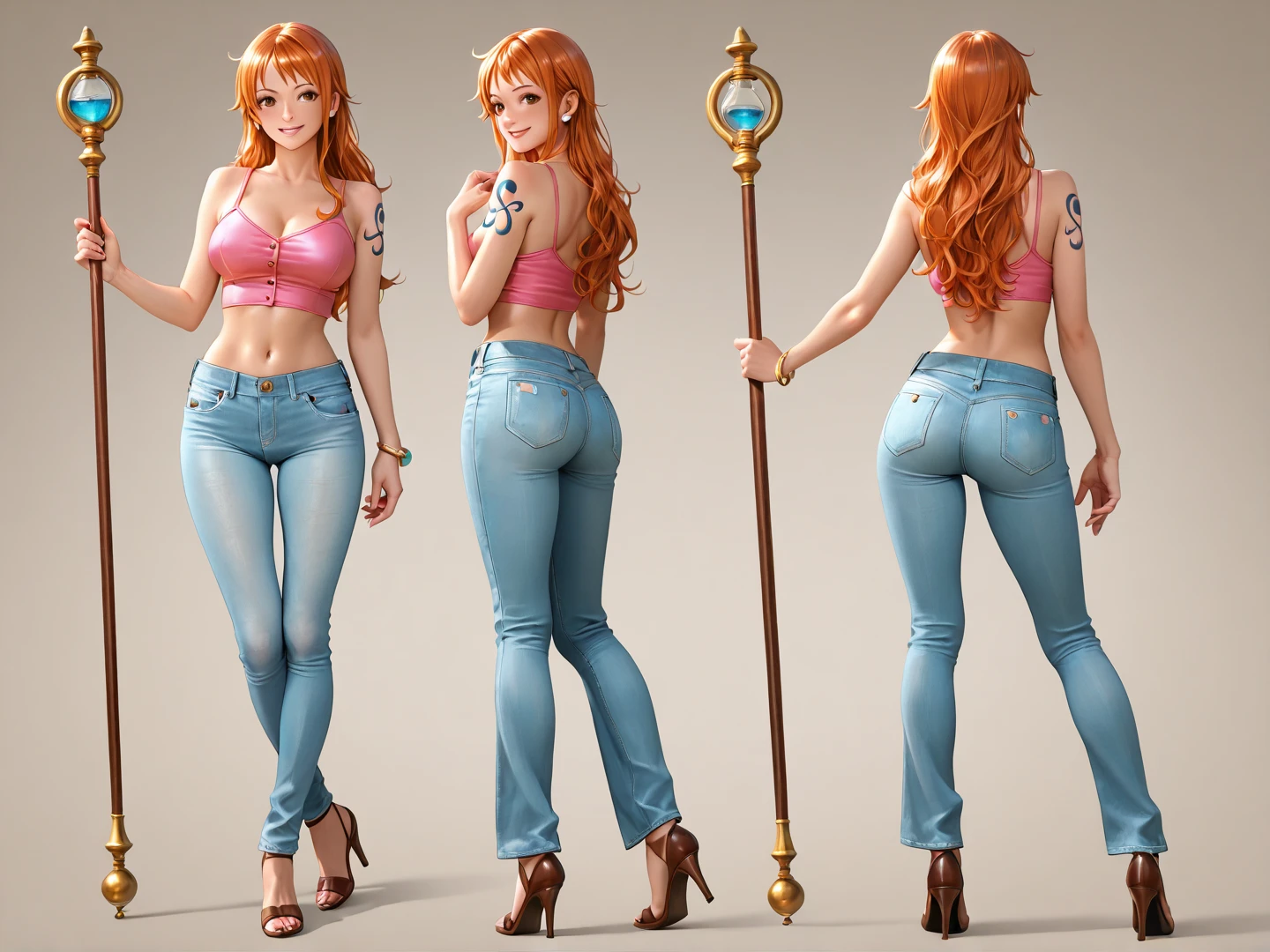 ((Best Quality)), ((Masterpiece)), (((detailed character sheet, frontal view, side view, three quarter view))) white background、one piece、US、whole body、whole bodyイラスト、whole bodyアニメーション、whole bodyリファレンスシート、High heels、Swimwear、Bikini、original、New World、Long Hair、Orange Hair、Tattoo on left arm、Ring belt、Heighten your head、smile、Cute face、Big Breasts、Narrow waist、Long legs、Beautiful feet、8 heads tall、thong、Detailed face