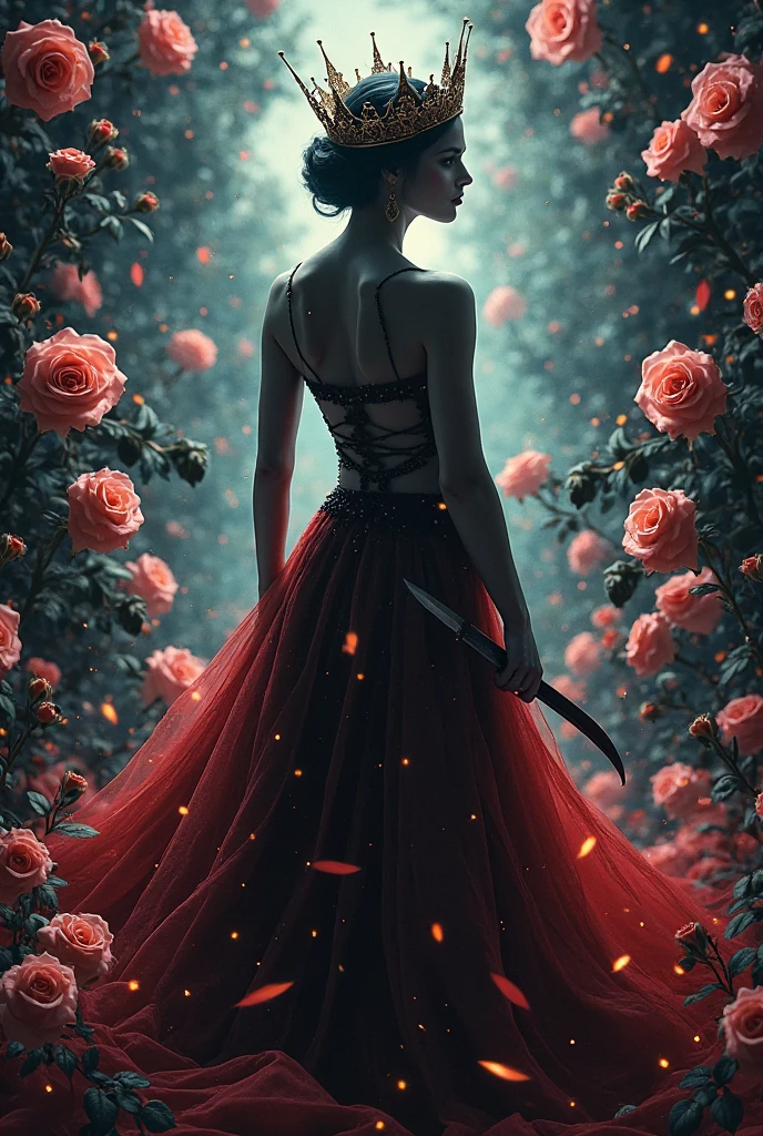 Draw a weapon with a thin sword in the shape of a thorny rose or a magic wand with the tip of which is in the shape of a blooming rose used by woman