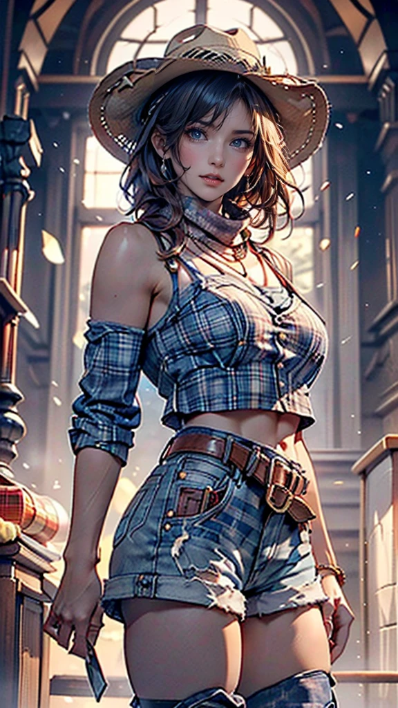 Cute little Isabelmoner-SMF, Dora with black hair in a plaid dress, Hyper-realistic, insanely detailed, Gaston Bussière's style --ar 3:4 --s 750