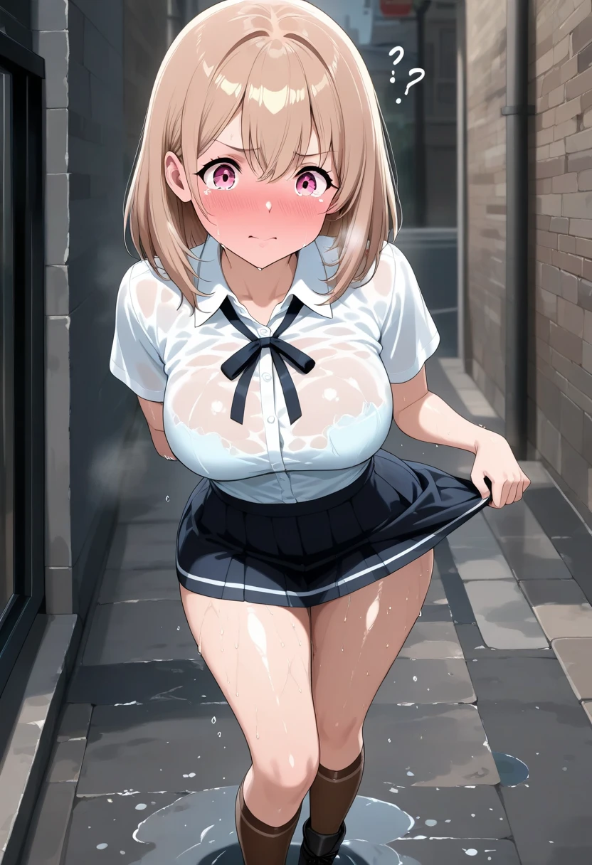 Momoi Hina, short hair, low twintails, hair between eyes, light brown hair, brown eyes, scrunchie, 1girl, solo, large breasts., crying , nipple, Expressway, , Standing pee