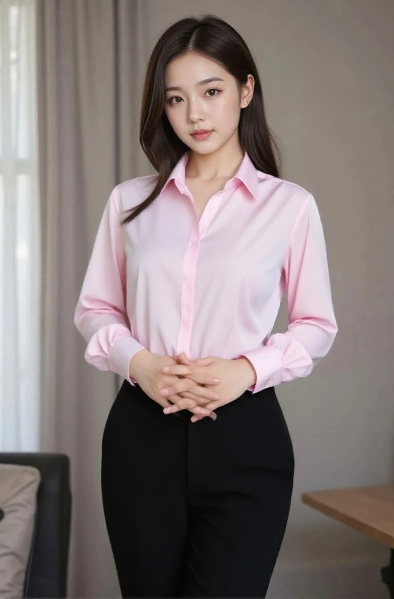 (realistic, photo-realistic:1.4), (extremely detailed 8k wallpaper), bokeh, detailed beautiful eyes and skin, (Image from thighs to head:1.3), (Japanese idol:1.3), 25yo, beautiful woman, smile, large breast,
Powder pink silk blouse with tailored trousers, Elegant, Parisian street café, Chic sophistication ambiance,