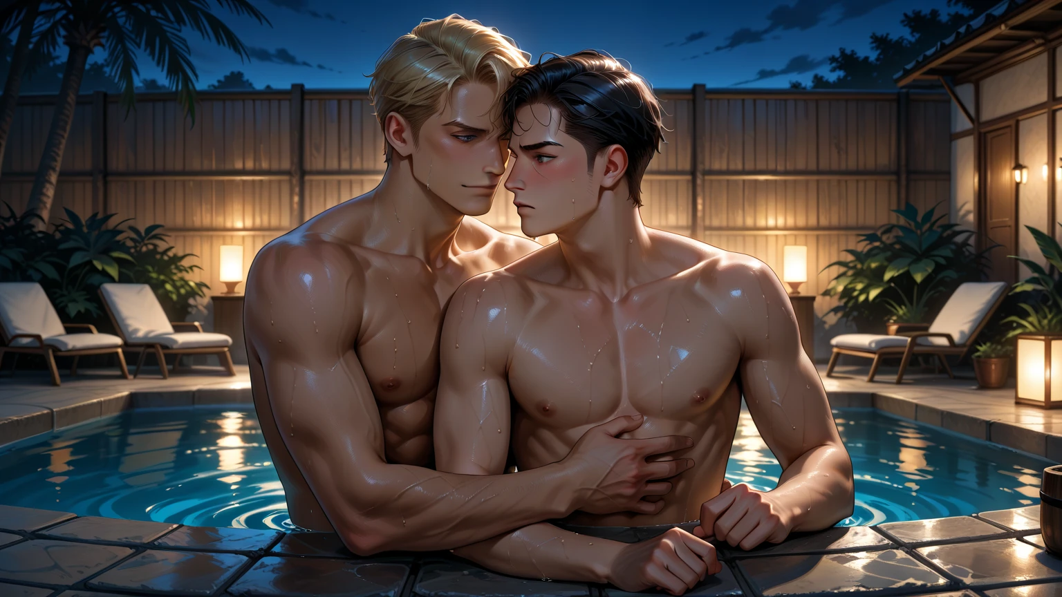 Two muscular fit shirtless boys standing in deep pond water kissing. Wet hair and dripping bodies. Wearing short speedos. Shirtless. City background. Handsome faces, black short hair. Homoerotic scene. Mud on body.
