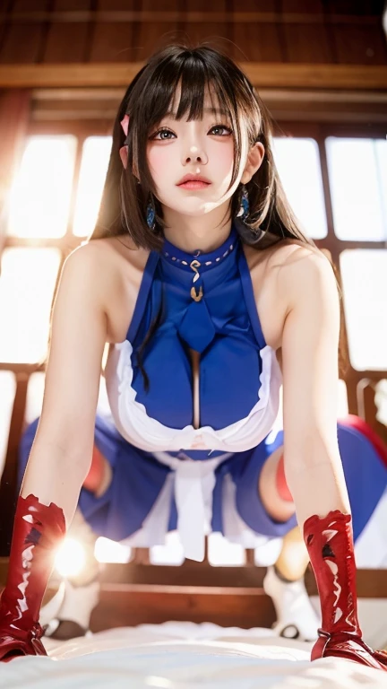 top-quality, 4k, masterpiece, (Professional lighting without shadows), A hyper-realistic, Bewitching, (perfect anatomia), Two girls, (Proudly stand in front of the camera、Girl showing off ribbon tie, Another girl on the other side、Bend over and stick your butt out towards the camera), ( with perfect body、Huge breasts:1.2), Bright and even whitening skin without wrinkles and steps, (bright beautiful blue eyes with long eyelashes and red tear bags,,、Reflects a lot of light:1.2)、 Braided half-up hair with bangs, (Her outfit is、Dress up tight fit cramped schoolgirl uniform with super short super mini pleated skirt:1.2), (The neat design around the neck and the crimson ribbon tie proudly show off from the front), (Another girl on the other side、To beautifully emphasize the proud ultra mini pleated skirt、Showing off a pose with half of her buttocks exposed from directly behind:1.3), (Beautiful face squinting in dazzling light:1.2), (ssmile), (Plump red teardrop bag:1.2),