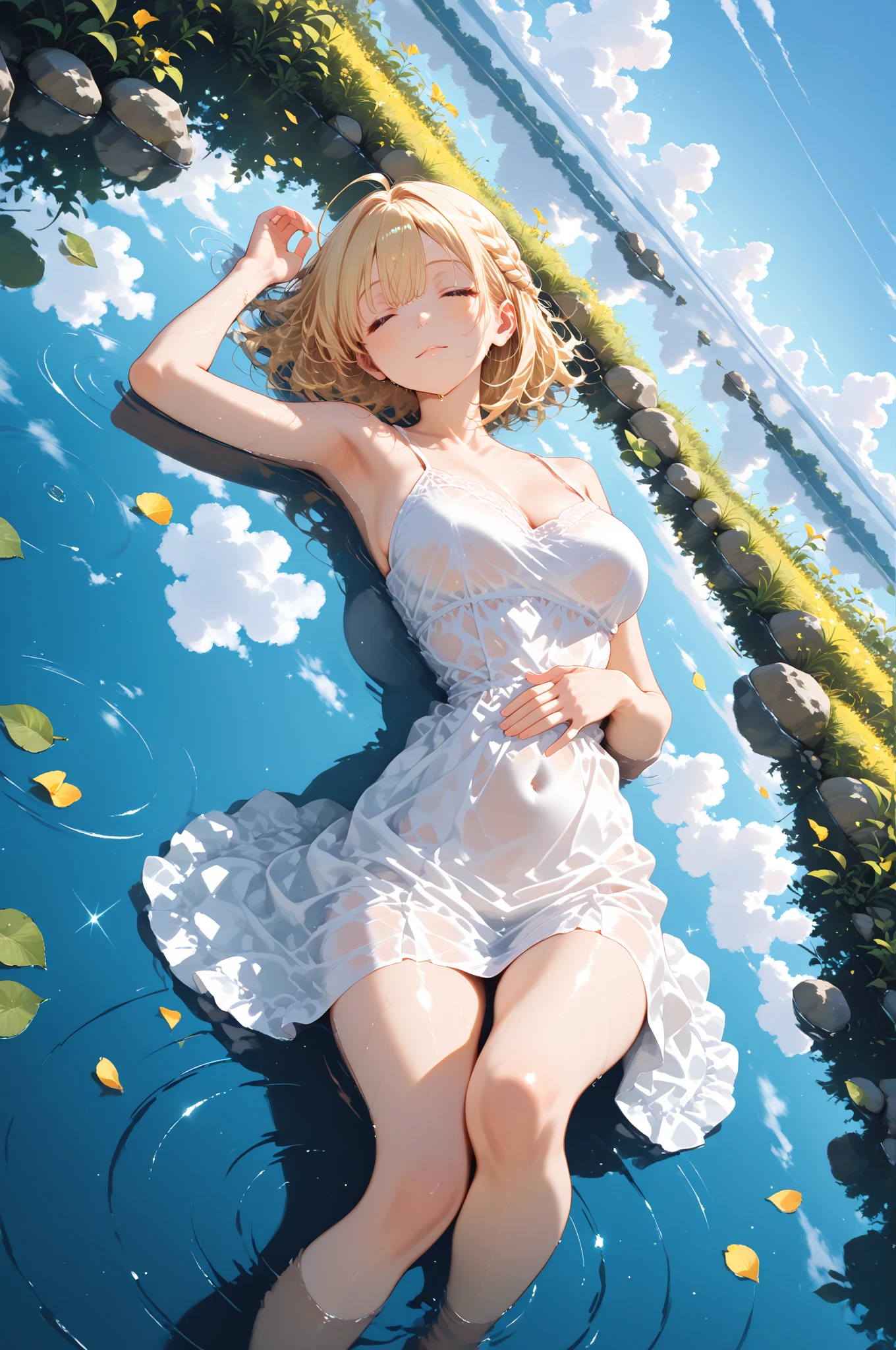 Tanya von degurechaff, armpit, Translucent white dress, wet , garden, public, masterpiece, nice, Her breasts are visible, Naked