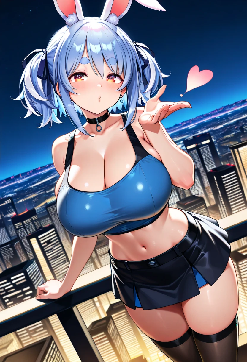 creates a 24-year-old anime girl wearing blue jeans and a red tank top with wide hips and large breasts with blue eyes in an anime-style cityscape