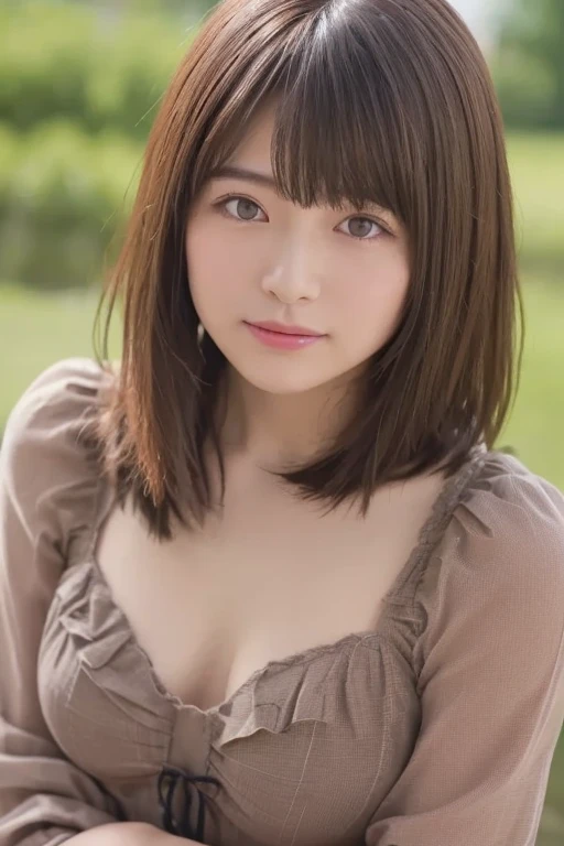 ((Highest quality, Best image quality, Ultra-high resolution)), (Photorealistic), (Realistic), (Ultra-high resolution), Tabletop, Highest quality, Raw photo, Beautiful and fair、Glowing Skin,  nice, bright, Refreshing and gentle look, blue short hair, green eyes, sitting on the park bench, Perfect beautiful face、Beautiful shiny bangs, A very beautiful 25 year old woman, eyeliner, Very perfect eyes