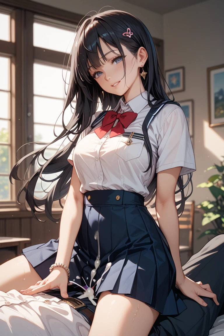 (masterpiece:1.6),(best quality:1.6), Vivid Photos, (ultra high res1.2),perfect proportion,(dark hair:1), (black hair:1), (black eyes:1.1),(beautiful Busty breasts:1.5), 18age, a beautiful girl, (medium bob hair:1.2), open mouth,(aroused:1.3), (embarrassed:1.3), blush, (Sheer uniform), Black Bra, (school uniform, see-through shirt, white shirts, Checkered Skirt), a red Checked bow tie, (slouch, upper body shot:1.1), ((rain, rain降り:1.3)), (smile, looks fun:1.5),