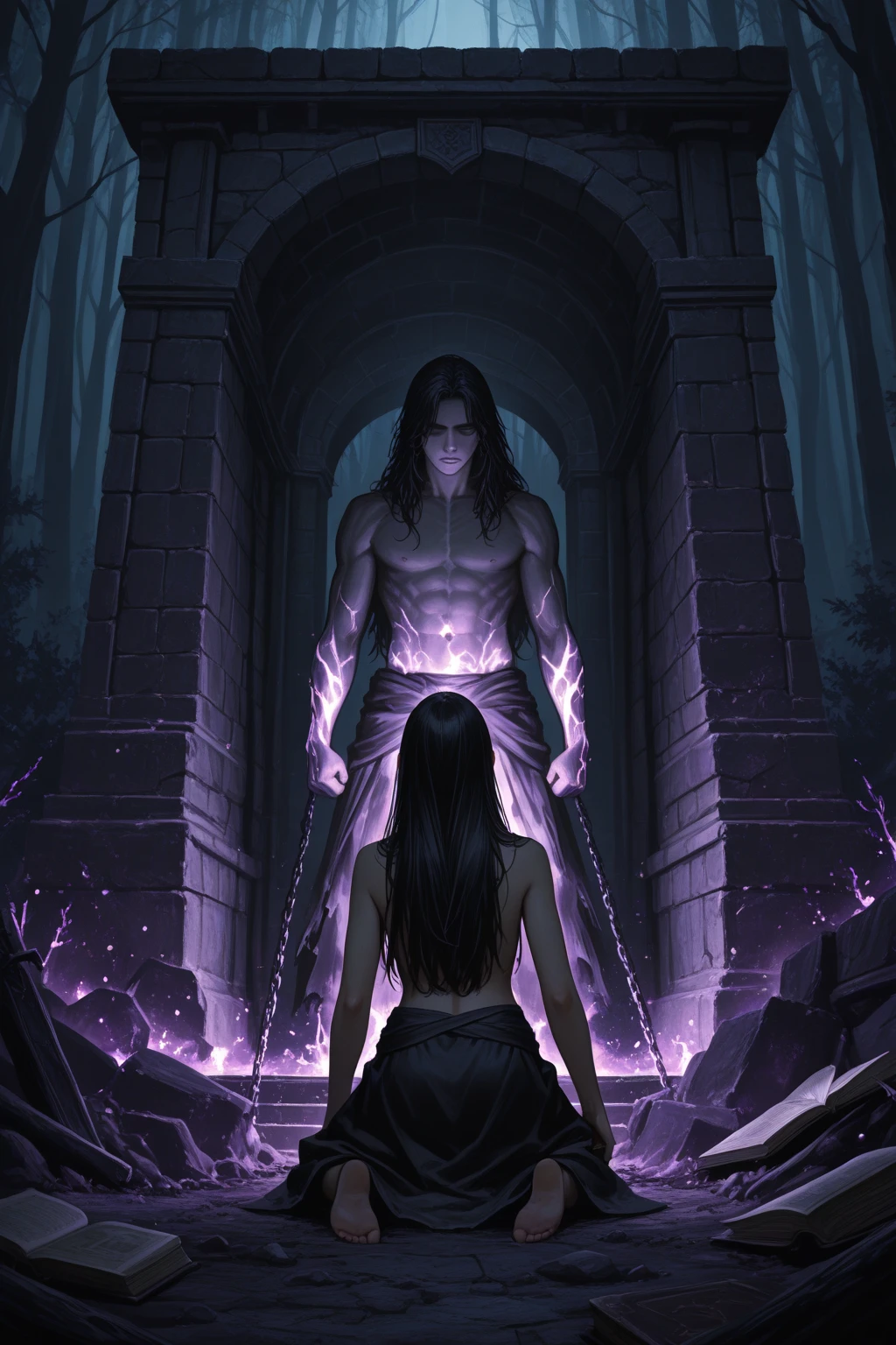 "What have I summoned?"; BREAK A (photorealistic masterpiece) (highly detailed faces, fantasy illustrations with gothic, with muted colors), BREAK (this is a "wizard's tower" with distant lights glittering and filled with ancient tomes, chains, magical reagents, glasses and jars and a ((glowing magic circle on the floor)). Candlelight light illuminates the cobbled stone floor and walls); BREAK (Dark Elf sorceress: a beautiful young diminutive Dark Elf woman with (elf ears), white hair, delicate features, dark gray skin, and lavender eyes); ((raising her arms and hands in horror)), wearing ((sleeveless)) scantily clad bikini-armor, seductive, mesmerizing, (bare legs), (bare arms), (bare shoulders), (bare midriff), jewelry, ((chained as a sacrificial victim and kneeling on the ground in horror)), (Dark Elf Sorceress is facing the viewer) arcane magic is woven around, summoning a DEMON from the Abyss, BREAK (Demon: a tall incubus red-skinned man, loincloth, half-naked, muscular) and (wispy apparation:1.3), with ((demon standing with his back to the viewer and standing on a magic circle)), BREAK, reminiscent of Luis Vallejo