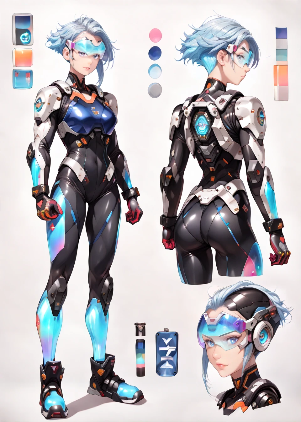 bright blue eyes, killing intent, scifi full body suit, character sheet design, cyberpunk cybernetic revolutionaries, futuristic flame suit, flaming guns on hands, complex intricate robot body, highly detailed, photorealistic, 8k, cinematic lighting, dramatic, neon colors, moody atmosphere, science fiction, concept art style