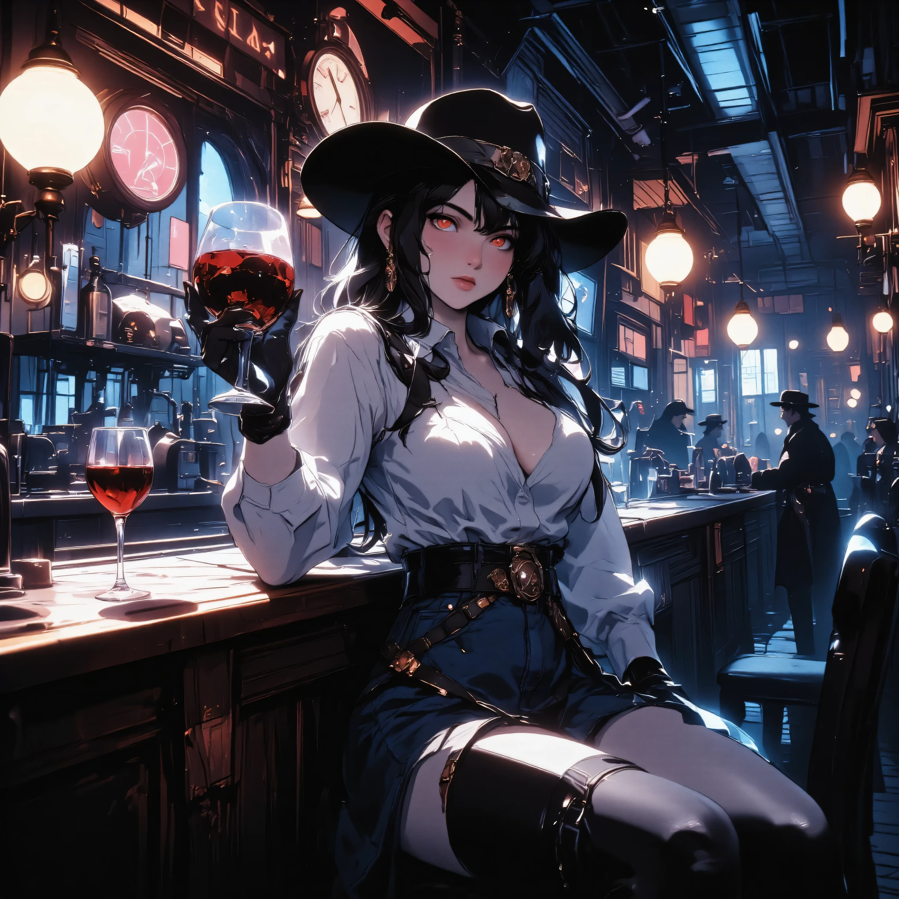 there is a female vampire cowboy on an western bar at night, sitting with a glass of wine filled with blood, red glowing eyes, wearing white leather shirt, small cleavage, jeans skirt, wearing high heels boots, wild west bar background, gaslight lamp, dynamic angle, photorealism, depth of field, hyper realistic, 2.5 rendering, Cinematic Shot, Masterpiece , best quality , absurd res, midjourney3