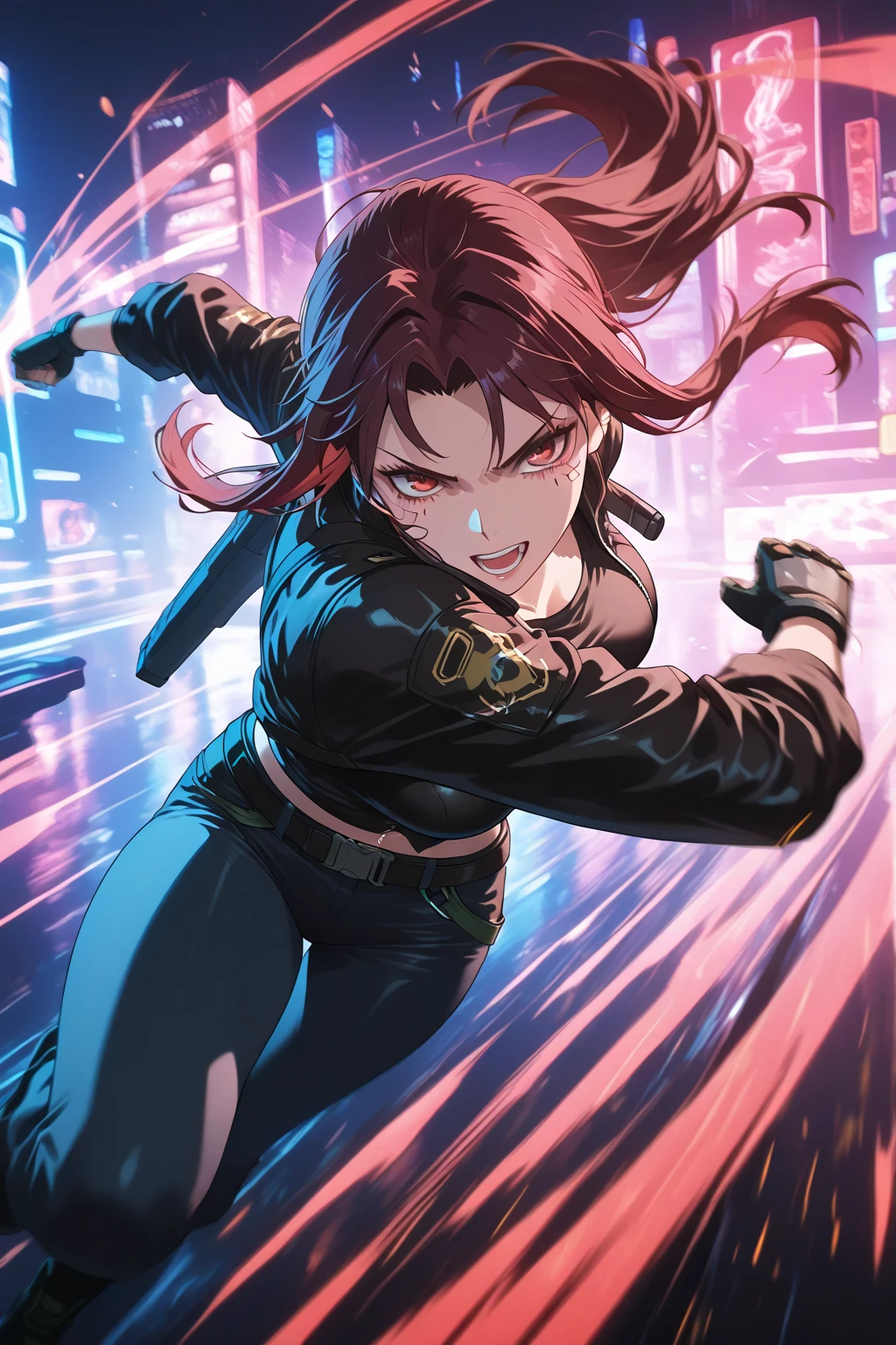 nitaraMK1, red hair, green eyes, hair slick back,tiara, purple leotard, small breasts, cleavage, silver armor, looking at viewer, mouth open, angry, fangs, close up, outside, cityscape, night time,  high quality, masterpiece, <lora:nitaraMK1-11v9:.8>