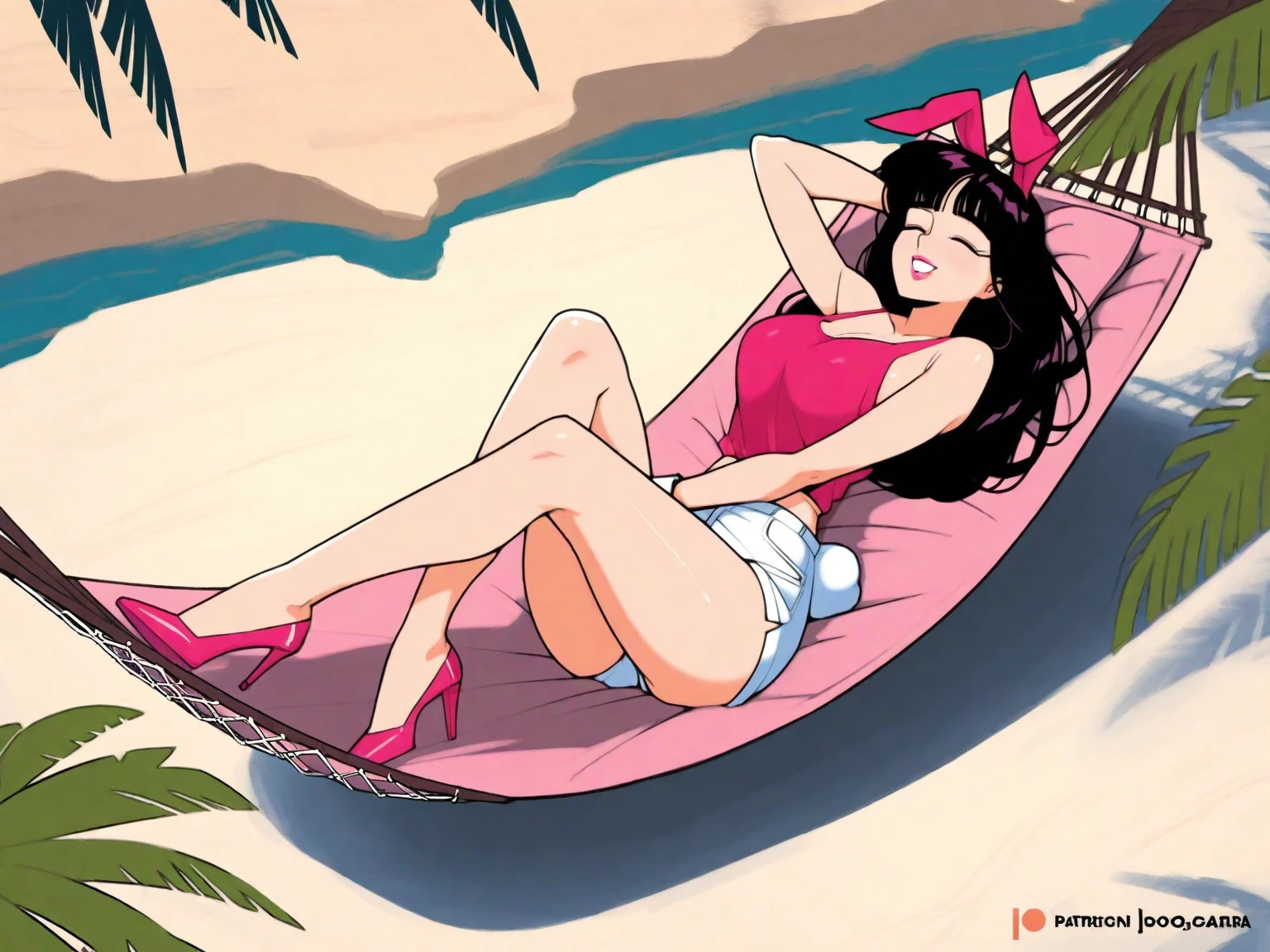 a woman in tiger bikini in a pinup pose on a beach<lora:Bettie_Page_Queen_of_Nile_v1:1> bpcqueenofnile