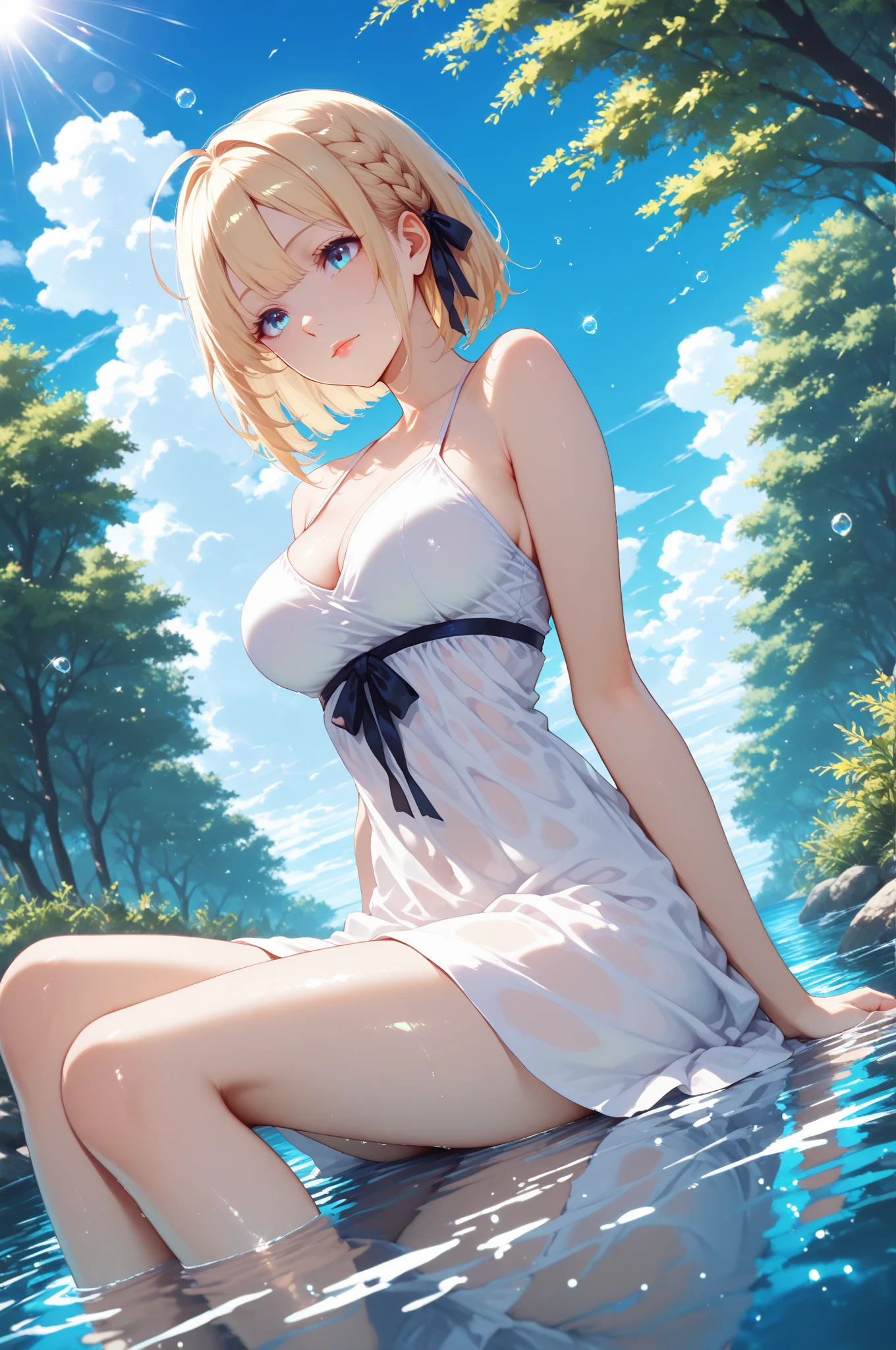female,Round Face,Solitary,sports,Relax,blond,elegant,whole body,Chinese element pattern,(Open your legs),(((Exposing thighs))),full,Transparent hollow deep V camisole top,((White skirt)),stocking,leggings,(Brushstrokes,Impressionism,painting,Rich scenery),Disheveled,Chest contour,(((Wet clothing))),(((Ultra-thin clothing))),((Flesh outline)),Grinning