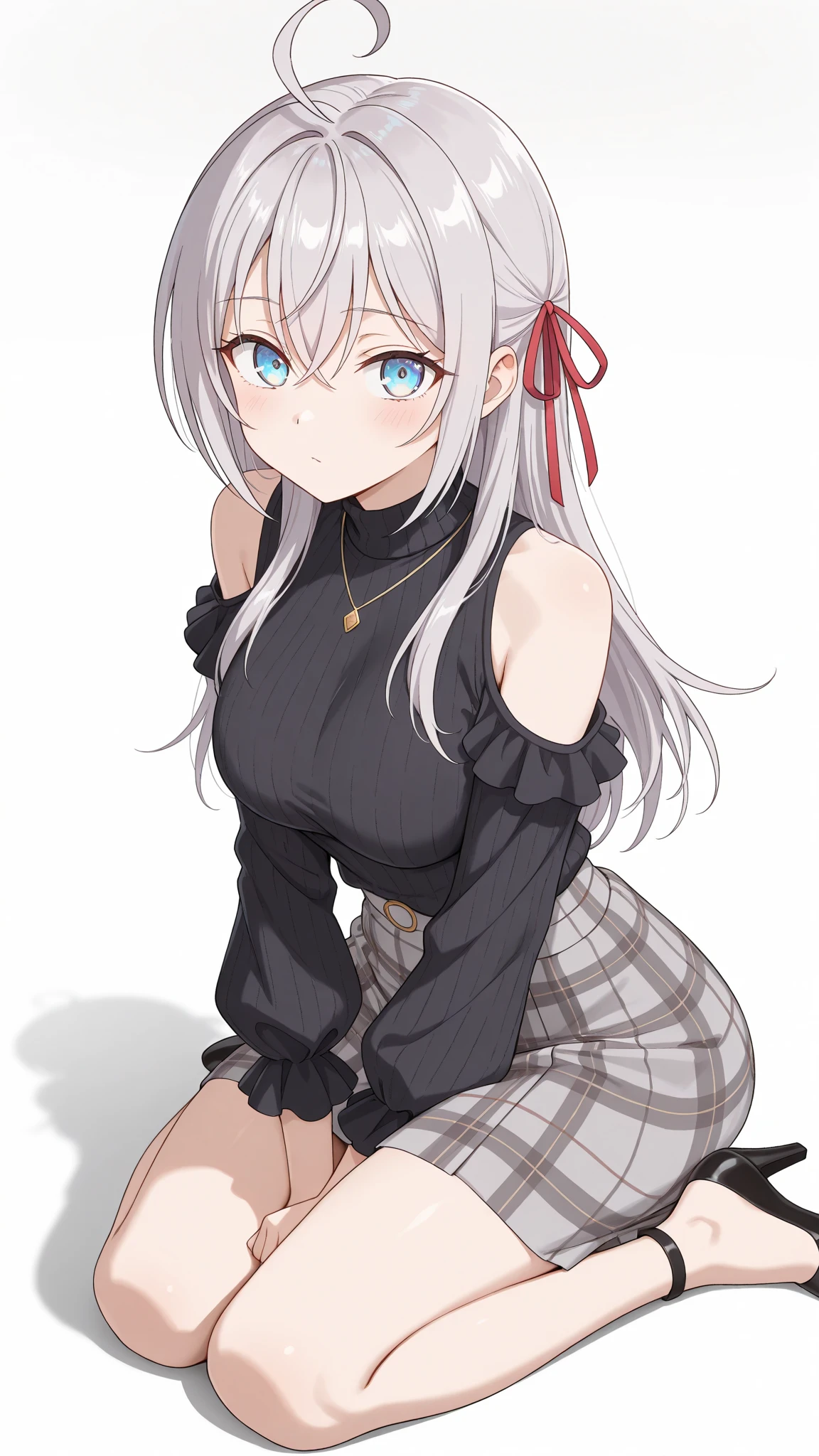 score_9, score_8_up, score_7_up,,1girl, alisa ilinichina amiella, solo,grey hair,long hair,blue eyes,hair between eyes, pantyhose,underboob,bare shoulders,black crop top,red headwear,red plaid skirt,
