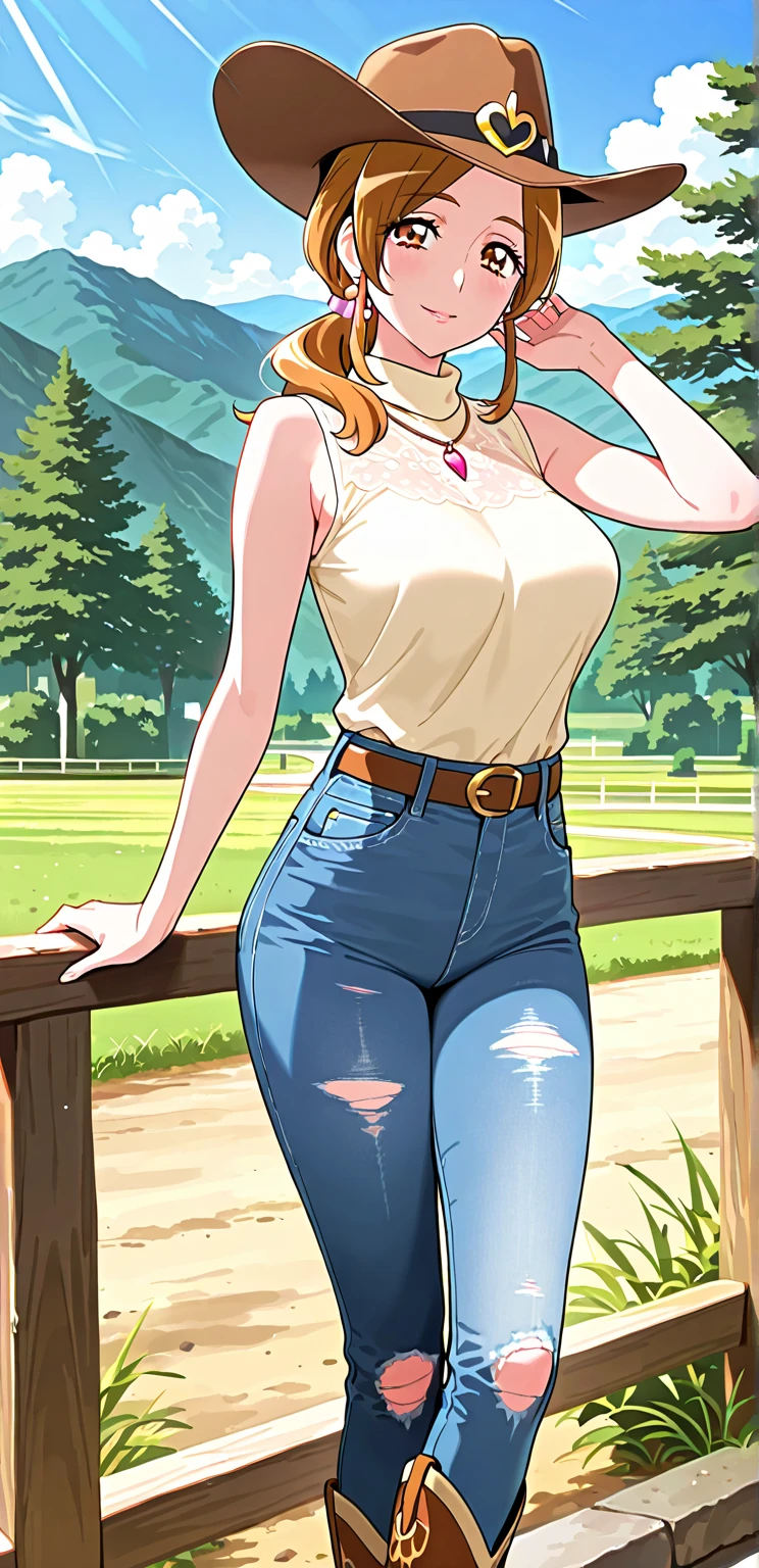 Masterpiece, high quality, (highres:1.4), best quality, beautiful, HD, perfect lighting, detailed face, cute face, detailed body, 1girl, solo, ( hotify:1.2), red hair, short hair, bob cut, bangs, green eyes, freckles, pale skin, looking at viewer, happy, smiling, light blush, light sweat, white tank top, plaid button up jacket, (jeans), (her jeans are tight on her), tight jeans, ankle high brown boots, medium breasts, (cleavage), perky breasts, wide hips, (thick thighs), thigh gap, thicc, sexy pose, dynamic pose, facing to the side, wide open sky, daytime, clouds, farm fields, standing on a dirt road,