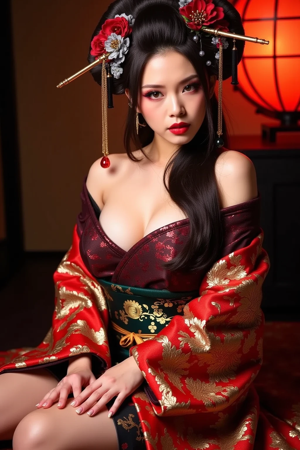 1 young woman aged 30 years, Beautiful, long, flowing hair, Face with heavy makeup, clearly enhance beauty, Big, bouncy breasts, Looking at the camera with sexy eyes, In a dark black outfit,dark red dark blue, Standing, walking, different actions, In a flower garden,There is a Chinese style hut., Chinese woman, traditional chinese clothing Taken with a high quality camera 45,000,000,000 pixels 16k,,