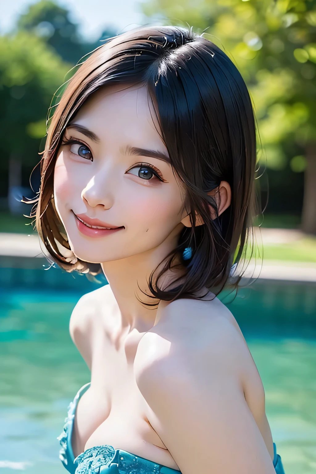 ((nsfw、top quality、best image quality、just one beautiful and cute woman、 A beautiful woman with a very cute golden ratio who boasts overwhelming beauty、The beauty of symmetry、realistically depicts everything in high resolution high definition、God of rich nature、Beautiful and cute face、 Eyes drawn in high resolution 、lashes drawn in high definition、Beautiful and cute symmetrical faces, A long, beautiful neck、bangs:1.6、Beautiful Décolleté、gloss、perfect anatomy、cute smile、Teen))、({gigantic|big|huge|mega} breasts, cleavage)、ideal ratio、Golden Ratio drawn in high resolution、perfect anatomy、 Transparency、sparkling、Off Shoulder、((beautiful teeth、expressive、Love projected on camera、I'm a little shy、bangs, beautiful landscape with only rich nature and bright green in the background、moist blue background of water、beautiful blue sky))