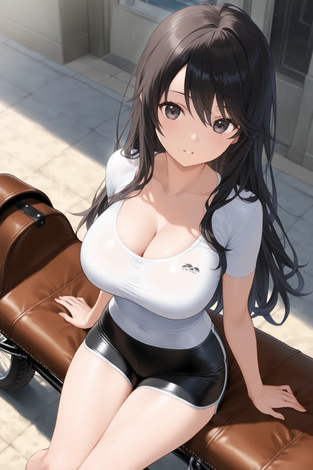 anime screencap,city, 1girl, solo, Taiwanese woman, long black hair, With bangs,1 female in, 28 yo, Beautiful face, glossy lips, red lipstick, closed mouth, smirk, big breasts, deep cleavage, pale skin, Black tight tank top, Tight Denim short-shorts, black high-heel shoes, standing. (Background: Indoors, car repair shop). The woman is an automobile repair mechanic