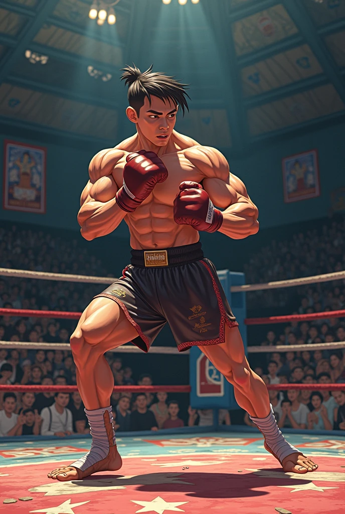 A young Japanese professional wrestler is in the ring。
He&#39;s buzzcut and muscular、Wearing short tights。
Put one knee on the ring and raise your arm to strike a macho pose。
Fujifilm, Illustration of movement, Fujifilm, 