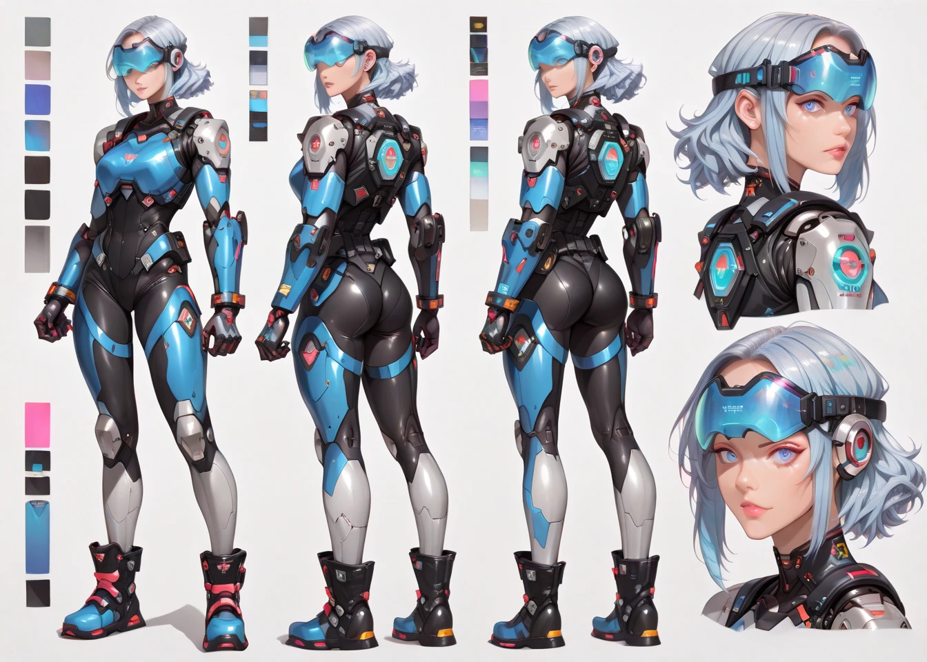 masterpiece, best quality,CG,UHD,1girl,SOLO,chocolate skin, dark skin, thick, character sheet, concept art, full body, (masterpiece:1.2), (best quality:1.3), 1girl, standing, scifi armor, (pink and chocolate techwear), ((long curly dark grey blue hair)), (,side lighting, lustrous skin), (beautiful detailed eyes), disheveled hair,tactical, blue and orange bodysuit under jacket,(medium Breasts:1.3),(((mecha cyborg scifi motorcross boots))), plain background