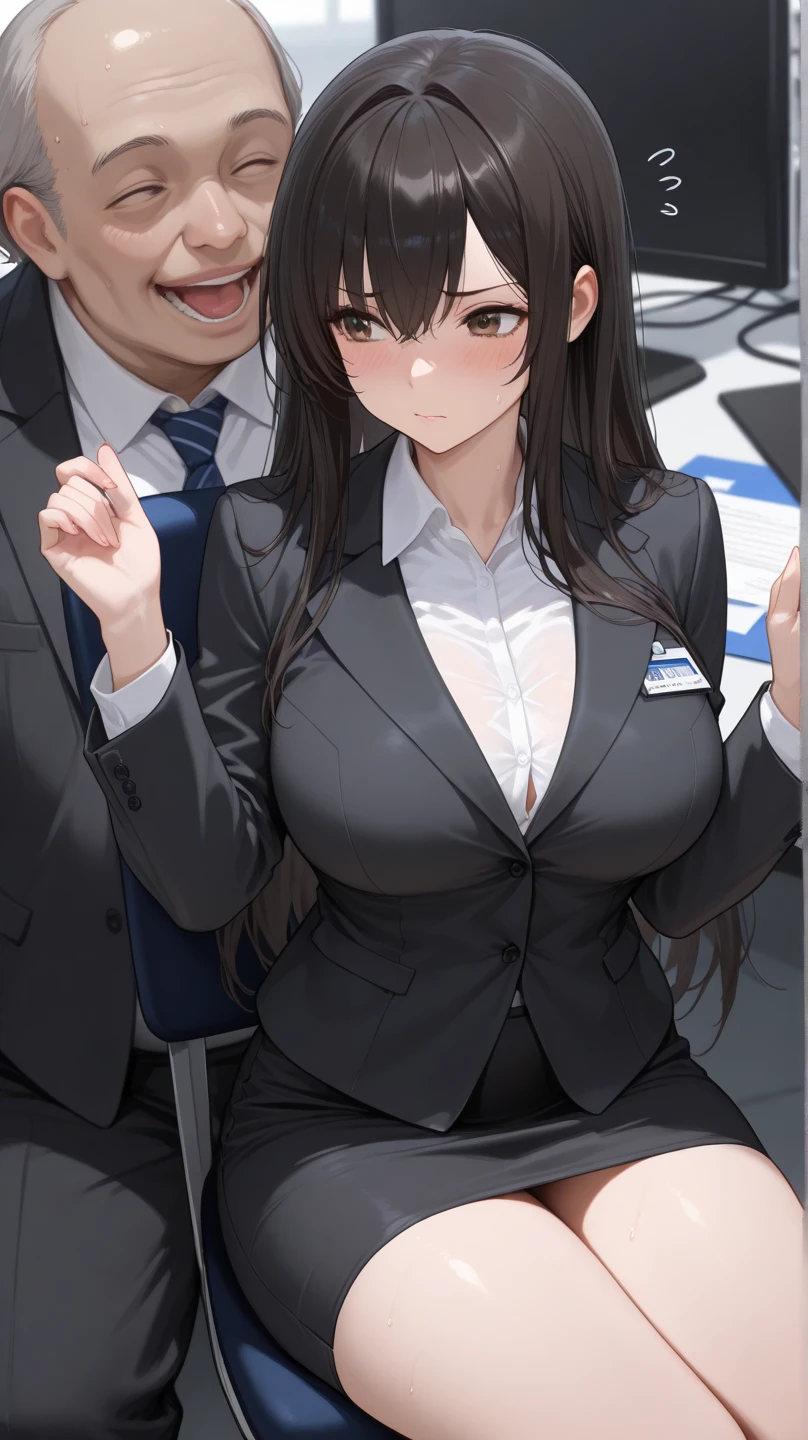 Open mouth,drool,selfie,torn pantyhose:1.5,ID card,open legs,handjob:1.5,1boys:1.5,cleavage,bob,Black jacket,Open the Second button pencil skirt,job interview suit,lift skirt,look panty,ahegao:1.5,high heel