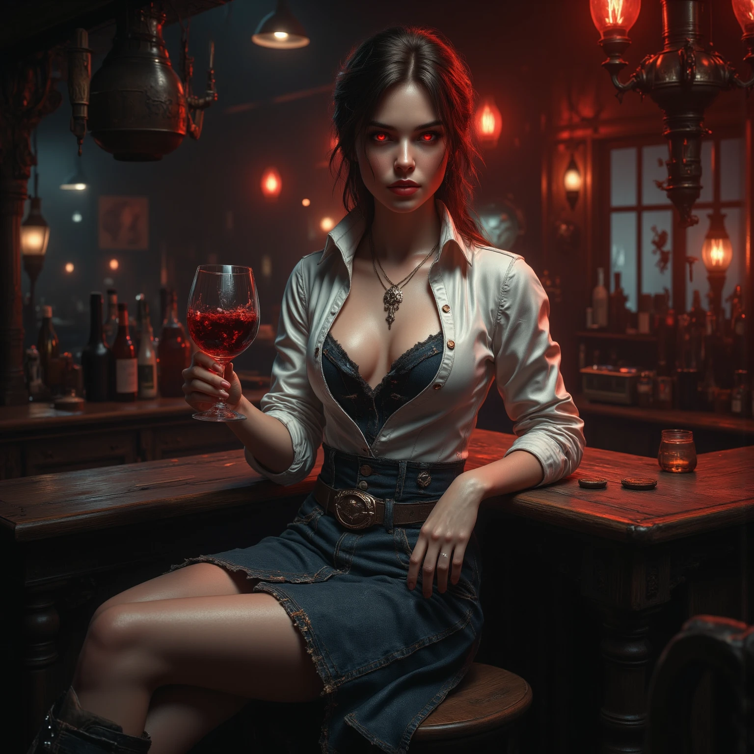 wide angle lens f/2.8, ultra insane high resolution intricate textures, texture indentation, perfect perspective, perfect geometry, ultra insane ambient lighting, ultra insane ambient shadows, insane RTX, ultra detailed busy tavern background, there is a woman sitting at a table with a glass of wine in a medieval dimly warm-lit cozy tavern, at night, near fireplace,