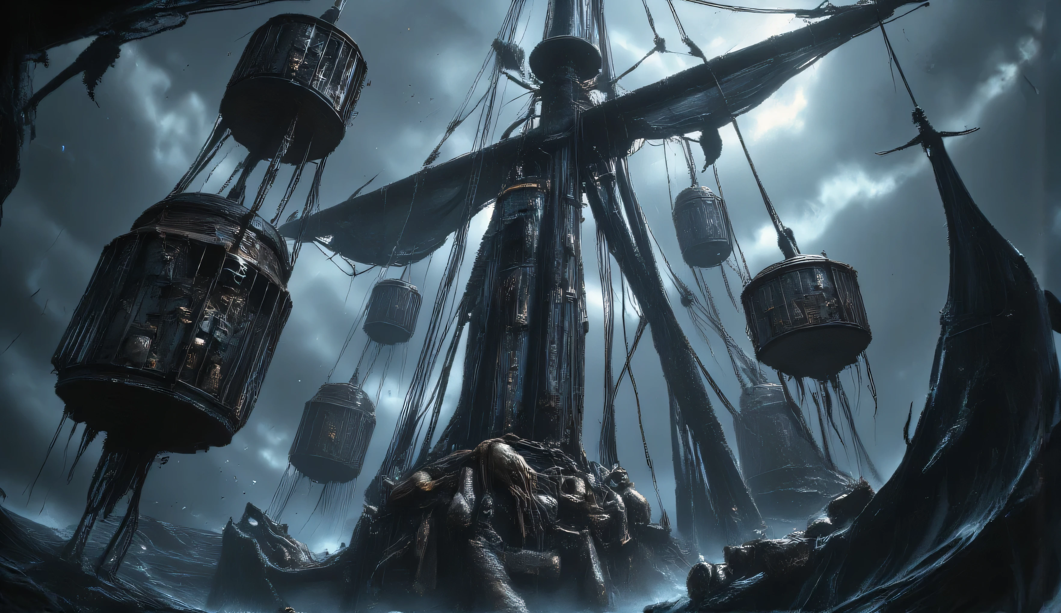 the mast of a wooden ship. at its ends, there are large iron cages hanging on chains, with human skeletons inside. black sails. a pale blue night sky. a whirlwind, black sails, and a downpour. horror