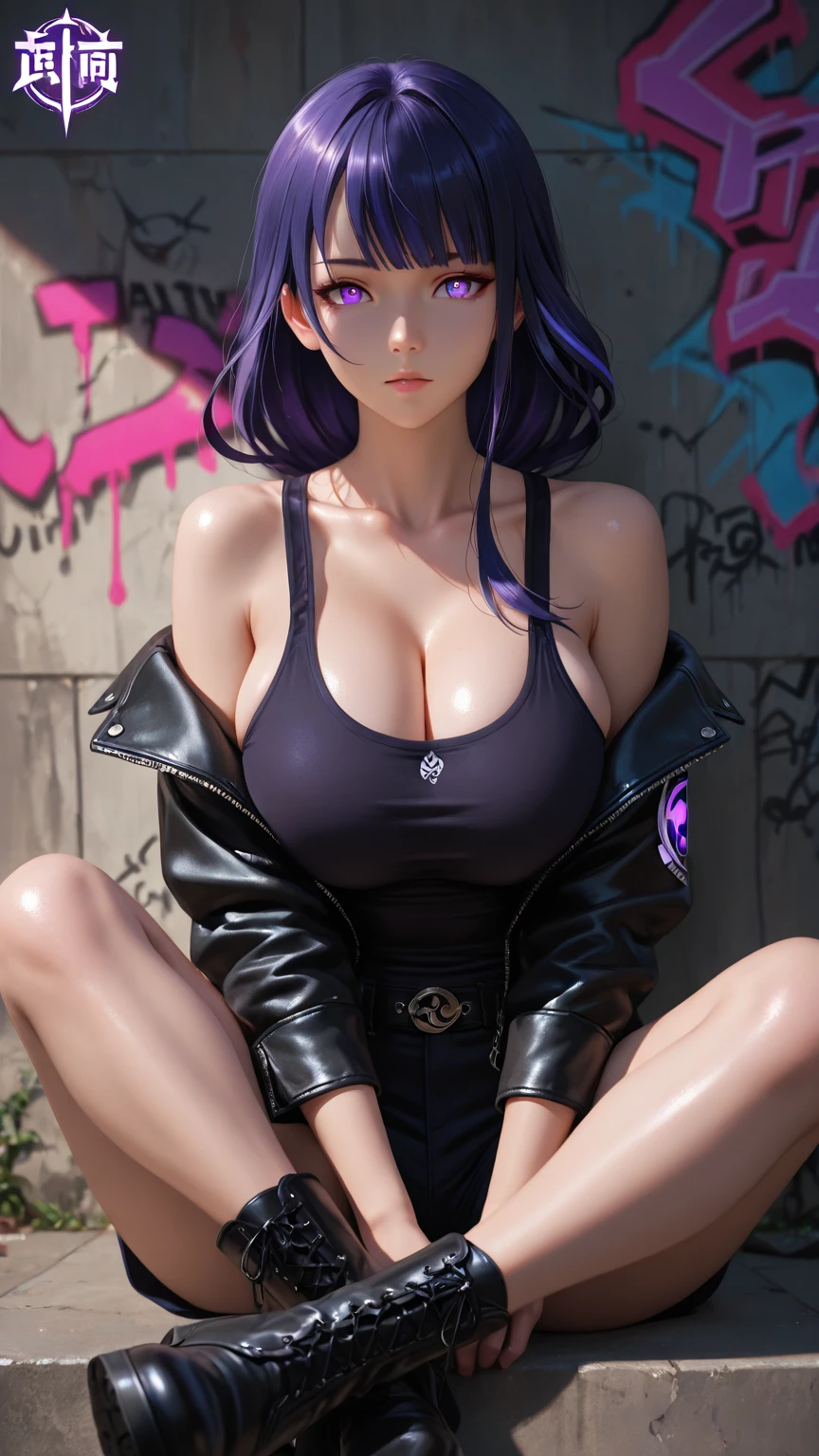 ((masterpiece)),((best quality)),ultra-detailed,illustratio,Explicit,Beautiful body,Beautiful Nose,Beautiful character design,perfect eyes,perfect face,wallpaper,ultra highres,4K,photography,(Beautiful,large breasts:1.2),(beautiful face:1.2),(beautiful legs,perfect legs),shiny skin,official style,official art,sanime screencap,anime coloring,
Kido Tsumugi,1girl, purple hair, purple eyes,hair ribbon, medium hair,Music Festival Ensemble,Short camo jacket, Denim shorts, High-top canvas sneakers, Camo backpack, Cool sunglasses, Festival wristbands, Neon hair accessories, Glow-in-the-dark body paint, Sticker face mask,outdoor,fashion,product girl,random outfit,rich expression,changeable expression,
