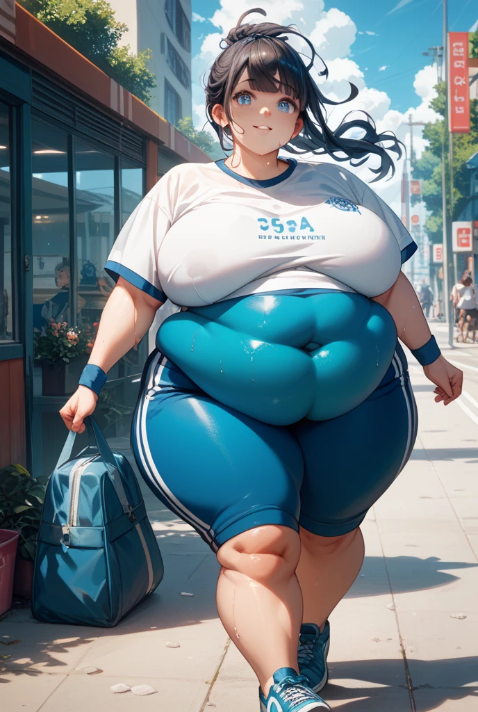 Big Beautiful teenage girl, blue eyes, brown hair, messy pixie hairstyle, bright smile, beautiful tan skin, perfect complexion, beautiful detailed eyes, beautifully detailed lips, over 1000 pounds, fattest woman alive, (massive hyper Obese, BBW, gigantic chunky, major pudge, hyper bloated, massive bloated belly, massive massive calves, massive chunky thighs:1.5), skin tight hoodie, massive cheeks, massive hips, massive butt, massive oversized breasts, flesh bulging, cellulite, oversize, standing in front of a mirror, reflection, short blue zip up hoodie, breast busting out of a tight plain athletic shirt underneath, hoodie and shirt riding just above her waistline, slightly exposed midsection, busting out of tight spandex athletic shorts, bulging body, fat rolls, converse tennis shoes, just after a workout, confident look, girl next door, (best quality,4k,8k, high res, masterpiece:1.2),ultra-detailed, realistic, photorealistic:1.37, fall vibes.
