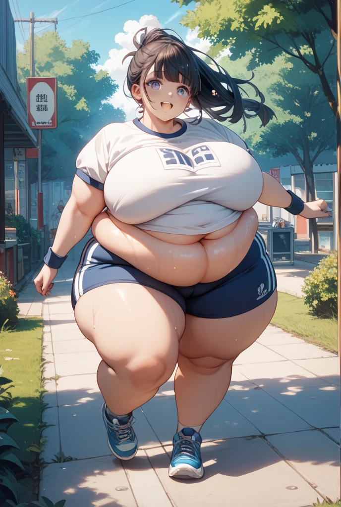 ((Masterpiece)), perfect anatomy, perfect shading, field of depth, (best quality), extremely delicate and beautiful, perfect lighting, detailed face, ultra cute face, cute, (cowboy shot 1.2), looking at viewer, full body, (((1girl))), (((solo)))

Short hair, ponytail, silver hair, messy hair, gold eyes, (blush), embarrassed, (jogging shorts 1.2), (blue sports bra 1.2), Tight clothes, small breasts, Thigh gap, wide hips, (thick thighs), chubby belly, fat folds, she has a jiggly belly, 

City street, outside a bakery, intricate background, detailed background, jogging, (sweaty), heavy breathing, hands on hips