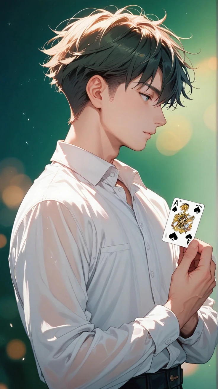 Young thin man with dark skin , semi-long dark brown hair , Asian hairstyle back , Brown eyes , smiling looking ahead with a blue flower in his teeth , dressed in black pants , white shirt with the collar unbuttoned and the sleeves rolled up , Crossed arms , black vest and black shoes.
In a green field with a starry night sky and a full moon.
The four aces of a poker deck floating separately around the.