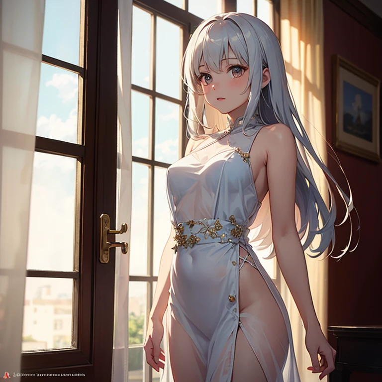 A white haired woman with green eyes and white wolf ears is wearing a lacy nightgown.