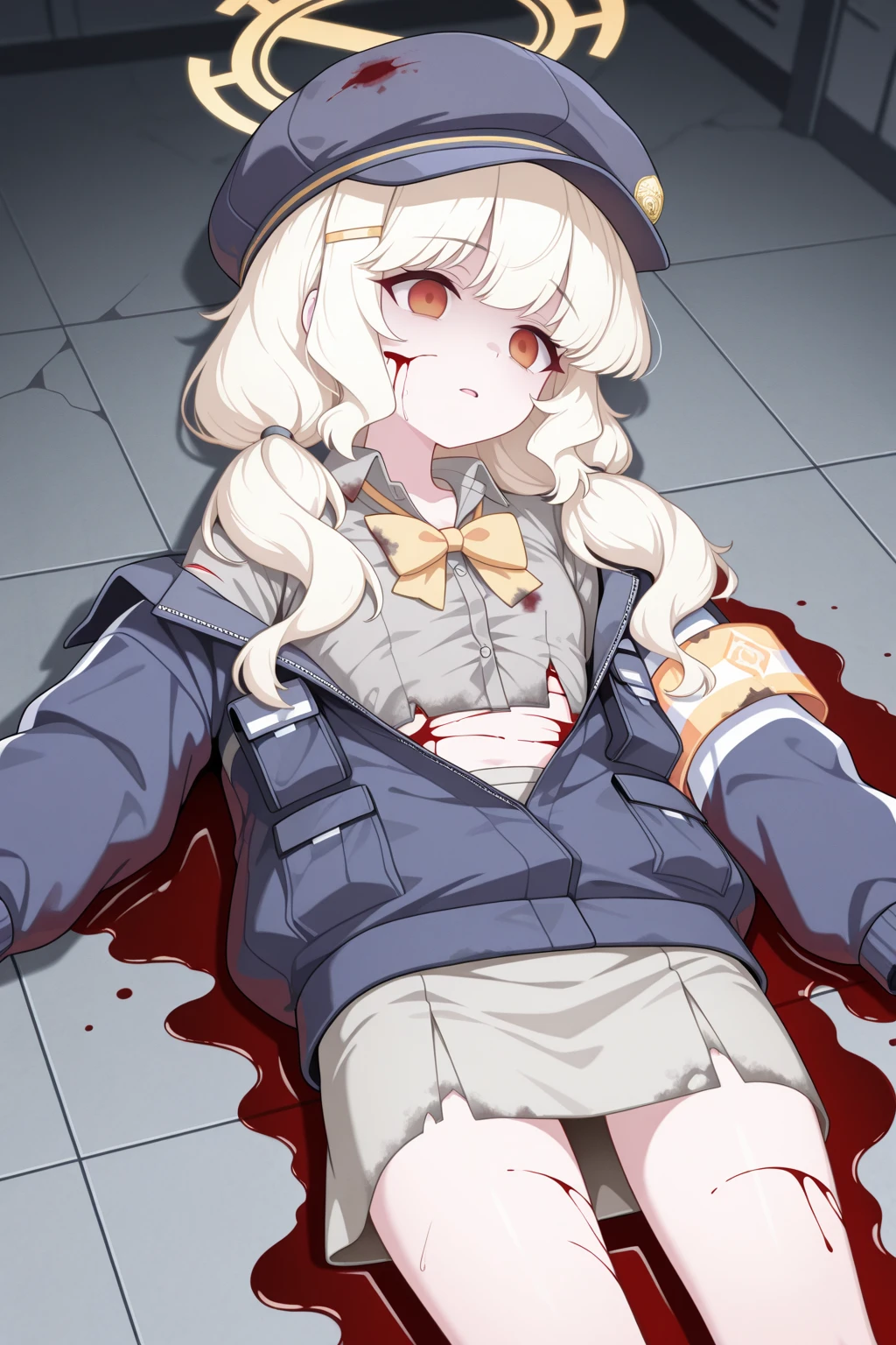 1Young girl，Dark brown long hair，Green eyes，Light brown plaid cape，White shirt，Crooked tie，The brim of the hat covers one eye，Gloves，Gray tone，Corner，The warning tape is particularly saturated and wrapped，sit down，Fold your arms around your knees，Blood stains on the concrete floor，moonlight