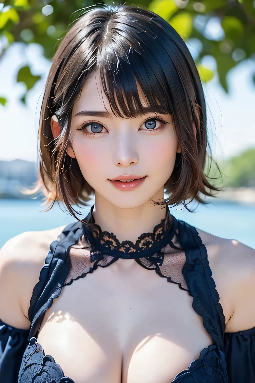 ((nsfw、top quality、best image quality、just one beautiful and cute woman、 A beautiful woman with a very cute golden ratio who boasts overwhelming beauty、The beauty of symmetry、realistically depicts everything in high resolution high definition、God of rich nature、Beautiful and cute face、 Eyes drawn in high resolution 、lashes drawn in high definition、Beautiful and cute symmetrical faces, A long, beautiful neck、bangs:1.6、Beautiful Décolleté、gloss、perfect anatomy、cute smile、Teen))、({gigantic|big|huge|mega} breasts, cleavage)、ideal ratio、Golden Ratio drawn in high resolution、perfect anatomy、 Transparency、sparkling、Off Shoulder、((beautiful teeth、expressive、Love projected on camera、I'm a little shy、bangs, beautiful landscape with only rich nature and bright green in the background、moist blue background of water、beautiful blue sky))