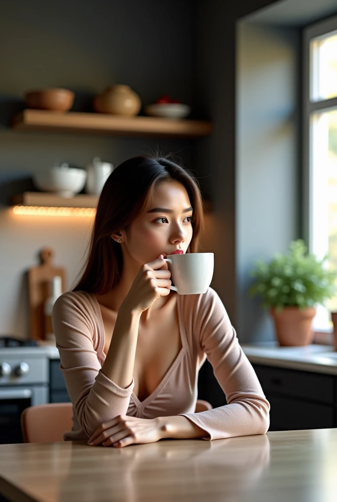 RAW photo, a woman drinking coffee at a rustic cafe, (photo-realistic:1.5), (RAW photo, 8k uhd, film grain), extremely delicate and beautiful, highres, sharp focus, extremely detailed, masterpiece, cinematic lighting, (high detailed skin:1.2), dslr, soft lighting, high quality, film grain, Fujifilm XT3