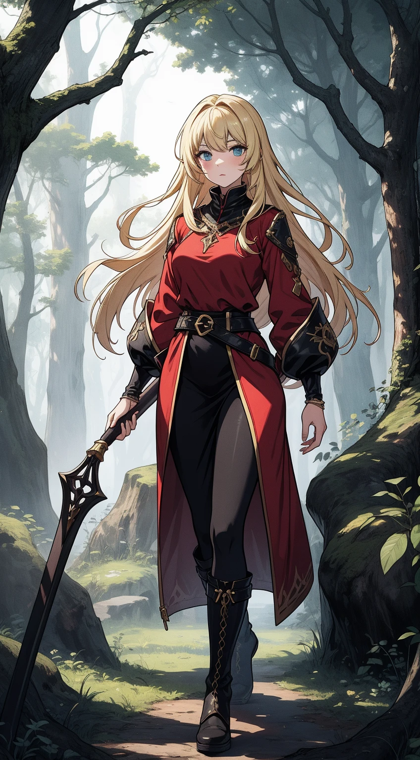 high details, best quality, 8k, [ultra detailed], masterpiece, best quality, (extremely detailed), dynamic angle, ultra wide shot, RAW, photorealistic, fantasy art, dnd art, rpg art, realistic art, a wide angle picture of a female huaman ranger hunting a wolf, human ranger, warrior of nature full body, [[anatomically correct]]. dynamic position (1.5 intricate details, Masterpiece, best quality) armed with a longbow(1.6 intricate details, Masterpiece, best quality) in a fantasy forest (1.5 intricate details, Masterpiece, best quality), a woaman wearing red hood, red cloak, long cloak, flowing cloak (1.4 intricate details, Masterpiece, best quality), blond hair, intense bright eyes, fantasy forest  background (intense details), big wolf (1.4 intricate details, Masterpiece, best quality), dynamic light (1.4 intricate details, Masterpiece, best quality), dynamic angle, (1.4 intricate details, Masterpiece, best quality) 3D rendering, high details, best quality, highres, ultra wide angle