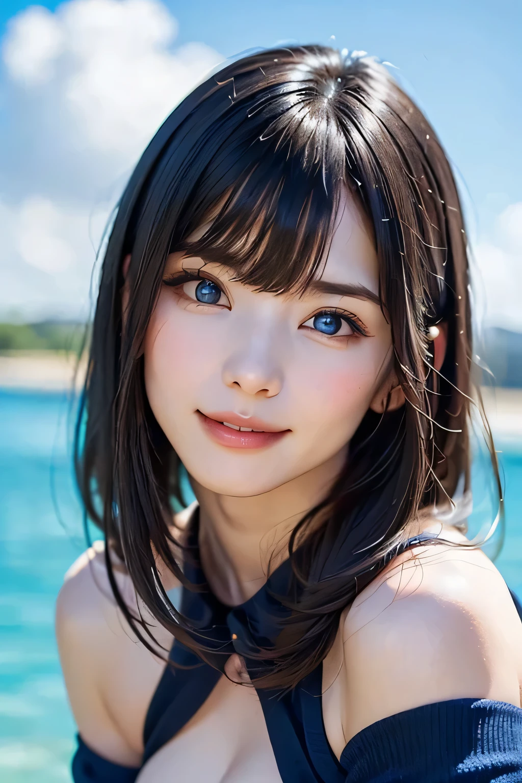 ((nsfw、top quality、best image quality、just one beautiful and cute woman、 A beautiful woman with a very cute golden ratio who boasts overwhelming beauty、The beauty of symmetry、realistically depicts everything in high resolution high definition、God of rich nature、Beautiful and cute face、 Eyes drawn in high resolution 、lashes drawn in high definition、Beautiful and cute symmetrical faces, A long, beautiful neck、bangs:1.6、Beautiful Décolleté、gloss、perfect anatomy、cute smile、Teen))、({gigantic|big|huge|mega} breasts, cleavage)、ideal ratio、Golden Ratio drawn in high resolution、perfect anatomy、 Transparency、sparkling、Off Shoulder、((beautiful teeth、expressive、Love projected on camera、I'm a little shy、bangs, beautiful landscape with only rich nature and bright green in the background、moist blue background of water、beautiful blue sky))