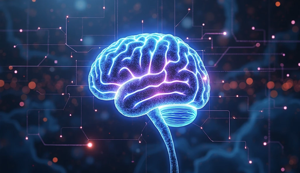 Blue brain black back ground with technology in computer size, wide