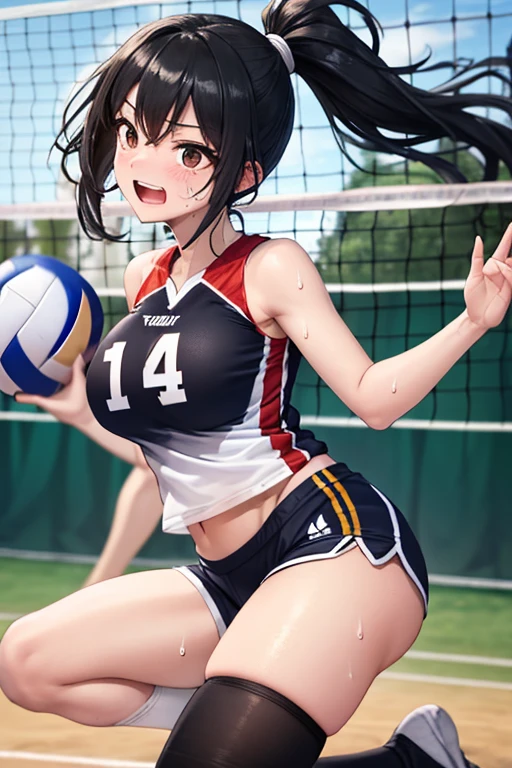 Only one female, /(Volleyball Uniforms/), /(Dark brown hair/) bangs, Blushing Smile, (Masterpiece of the highest quality:1.2) Delicate illustrations, super detailed, Big Break /(Indoor volleyball court/)
