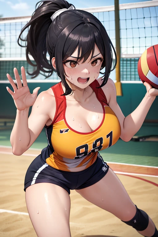 (highest quality, masterpiece:1.2)
1 woman, volleyball attack moment, jump, sports, ultra-detailed, super resolution, photo-realistic:1.4, 8k, raw photo, realistic, physically-based rendering, volleyball, sports wear, long hair, muscular, exposed skin, skin texture, soft breasts, sweat, calm mood, volumetric warm lighting, low light, ultra-realistic detail. Ai Shinozaki, body size 100-70-90! beautiful round face, heart-shaped lips curled up in a light smile, soft light, 8k.