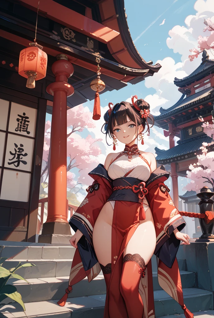 A woman wearing a red geisha outfit with drawings of yellow flowers, golden accessories in her hair, long black hair, red eyes, smiling, holding the handle of a traditional parasol (open umbrella above the head), large breasts, white socks, black shoes wood, walking on a wooden sidewalk. concrete in a traditional Japanese neighborhood, sakura in some parts, entire body. HD, bloom, very detailed, well defined, ultra resolution, surrealism,
