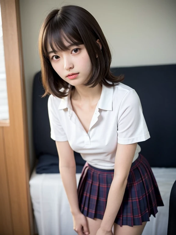 (highest quality, 8k, masterpiece ), An innocent 12-year-old junior high school girl
, Black Hair、Larger breasts、bangs:0.6,グラマーなThighs、Tight uniform:1.3、mini skirt, Highly detailed face, double eyelid, Strong natural light、round face、whole body、Thighs、loafers、round face、Horizontal angle,Side Angle:1.2