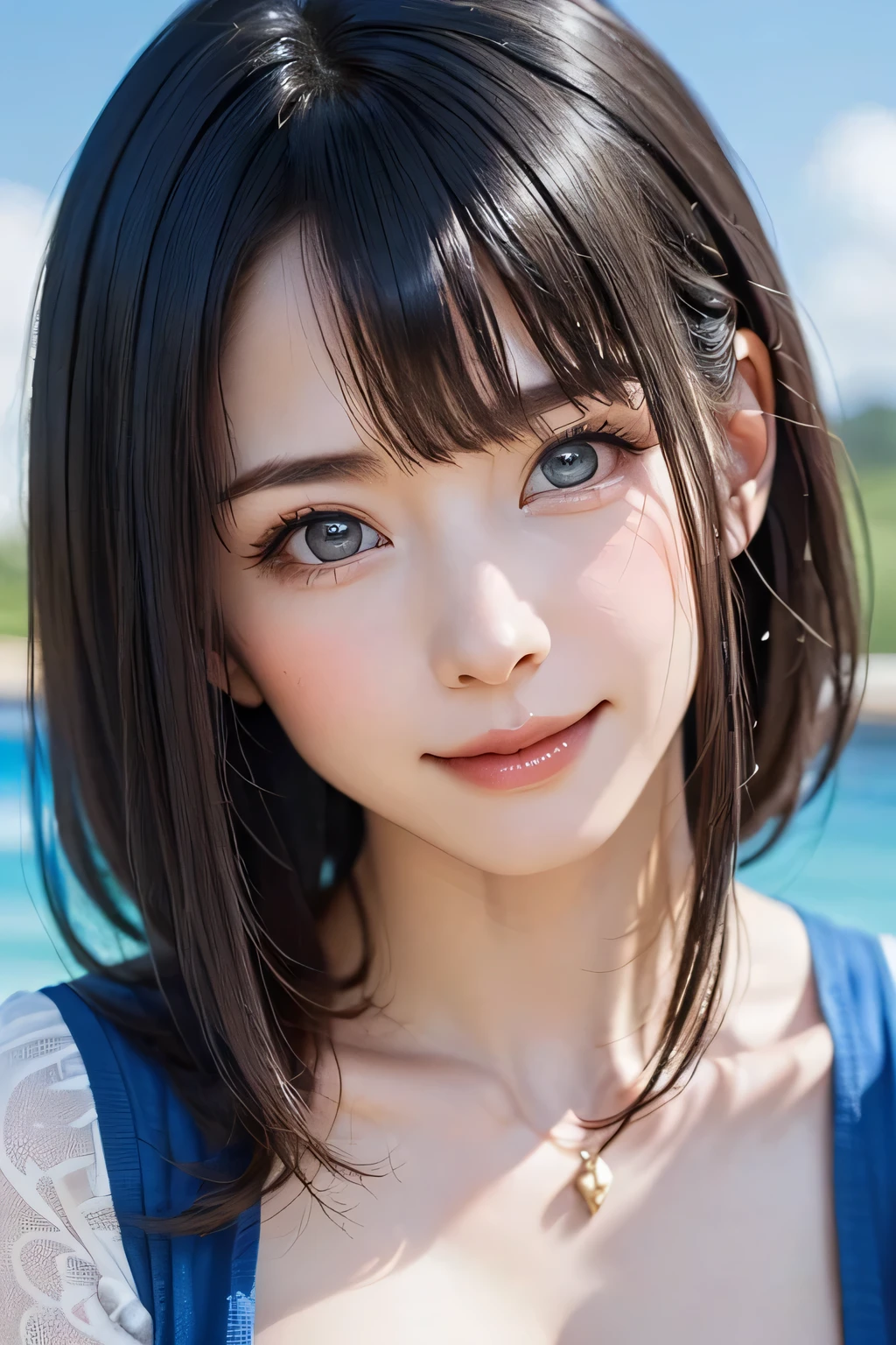 ((nsfw、top quality、best image quality、just one beautiful and cute woman、 A beautiful woman with a very cute golden ratio who boasts overwhelming beauty、The beauty of symmetry、realistically depicts everything in high resolution high definition、God of rich nature、Beautiful and cute face、 Eyes drawn in high resolution 、lashes drawn in high definition、Beautiful and cute symmetrical faces, A long, beautiful neck、bangs:1.6、Beautiful Décolleté、gloss、perfect anatomy、cute smile、Teen))、({gigantic|big|huge|mega} breasts, cleavage)、ideal ratio、Golden Ratio drawn in high resolution、perfect anatomy、 Transparency、sparkling、Off Shoulder、((beautiful teeth、expressive、Love projected on camera、I'm a little shy、bangs, beautiful landscape with only rich nature and bright green in the background、moist blue background of water、beautiful blue sky))