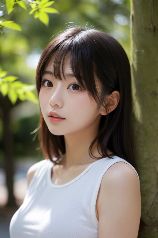 masterpiece, highest quality, 8k, 20th Generation, Big Breasts, cute, alone, sad, cute, Girlish, cute、Delicate girl, Pure beauty, RAW Photos, Professional photography, Portraiture, Soft Light, Professional Lighting, Backlight, Upper Body, avert your eyes, Sophisticated, Film Grain, (Round face、Young Face、Thin eyebrows、Thin lips:1.0), Floating Hair, beautiful, Flowing hair, bangs, White blouse、pastel cardigan、(Big Breasts:1.2)、I can see a little cleavage、dolly make、Heterochromia iridis、Left and right eyes are different colors