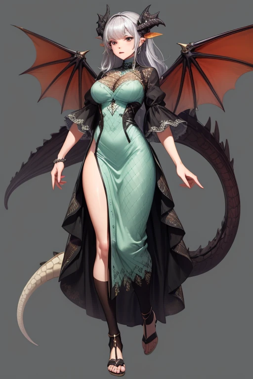 (masterpiece:1.2, best quality:1.2, beautiful, high quality, highres:1.1, aesthetic), detailed, extremely detailed, ambient soft lighting, 4K, perfect red eyes, perfect face, perfect lighting, 1girl, bangs, black dress, brown hair, breasts, ((large breasts)), dress, jewelry, large breasts, lips, looking at viewer, necklace, long hair, hair down, red highlights in hair, simple background, solo, wearing red bat wings, pale ivory skin, thighs, ((full body)), high resolution, masterpiece, anime girl